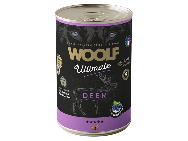 Woolf Ultimate konzerva Deer with Blueberries 400 g